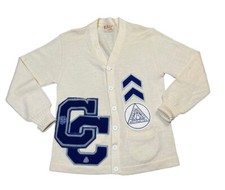 Vintage 1960s Stadium Shaker Wool Varsity Cardigan Ivory Men S Women M 20”x27” picture