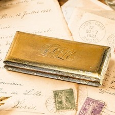 Heavy Antique Meriden Stamp Box Gold Gilt Desk Paperweight Accessory picture