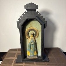 Vintage Hand-Carved Mexican Santos Virgin Mary in Wooden Niche. Good condition. picture