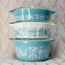 Pyrex Amish Butterprint Turquoise & White 471 472 473 Casserole Set VTG SHINY picture