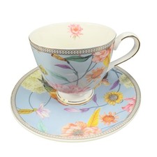 Shabby Chic Fine Porcelain Teacup And Saucer Set Tea Cup Plate Blue Floral Bird picture