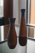 ANTIQUE Vintage Teak Wood  Garb Carved  Vase Set of 2  Great Find UNIQUE picture
