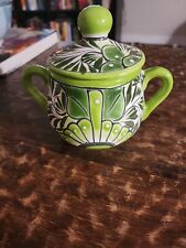 Talavera Mexican Art Pottery With Lid Green & White picture