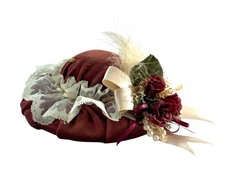 Vintage Victorian Style Hat Pincushion Burgundy Velvet Lace Roses 6” Sewing picture