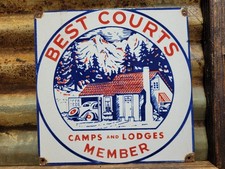 VINTAGE HOTEL PORCELAIN SIGN OLD 1930s BEST COURTS CAMP LODGE CABIN MOTOR MEMBE picture
