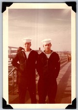 Vtg Color Snapshot US Navy Sailors Dixie Cup Hats Crackerjacks Uniforms Outdoors picture