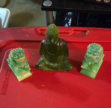 Green Buddha Statue w/ Pair of Foo Dog Guardian Figures, 3-Piece Buddhist Lot picture