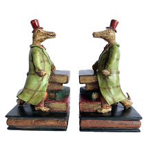 Vintage Resin Victorian Style Alligator In Top Hat and Coat Book Ends 7in Tall picture