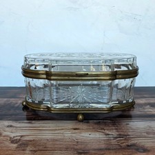XL Vintage Crystal Jewelry Casket Box Brass Ormolu Footed Vanity Box Etched picture