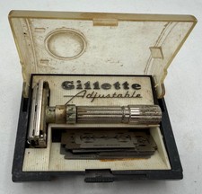 Vintage Gillette 195 Fatboy Adjustable Safety Razor Case Platinum Chrome Blades picture