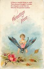 Fantasy Greetings Postcard 605-3 Baby Riding a Dragonfly Chromolithograph Posted picture