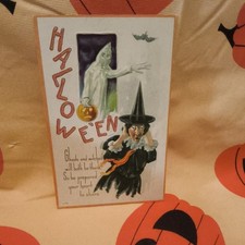Antique Halloween Postcard Nash H-45 Witch Fortune Teller Black Cat Owl Creases picture