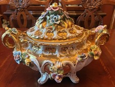 Vintage Large Antique Capodimonte Italy Soup Tureen Beautiful Flowers picture