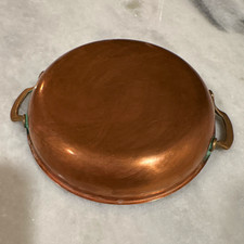 Vintage French Round Copper Au Gratin Pan w/ Brass Handles, 5.5in diameter picture