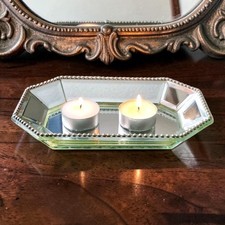 Small Mirrored Octagonal Candle/Trinket Tray Beaded Rim French Style 7.5