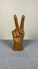 Vintage Carved Wood Hand Peace Sign Fingers 1970s Style Sculpture Decor picture