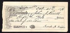 1876 John J. Powell Hicksville, LI, NY Receipt for $50 Auction Payment picture