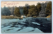 1909 Canada Lake New York NY Vintage Postcard Launch Going Down Outlet Posted picture