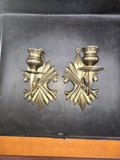 2- Vtg Gatco Brass Wall Candle Sconces Starburst / Fleur-De-Lis Style Back Plate picture