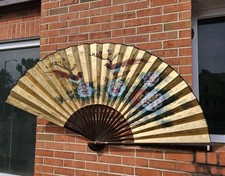 ๐ฆ๐ธVtg Chinese Painted Birds & Floral Large Golden Wall Fan Wall Hanging ๐ธ๐ฆ picture
