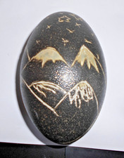 Vintage Hand-Carved Emu Egg Art -MOUNTAINS & FLOWERS - Etched Scrimshaw Style picture
