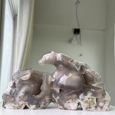 5LB Large Hand Carved Natural Flower Agate Dual Skulls Wolf Statue Crystal Decor picture