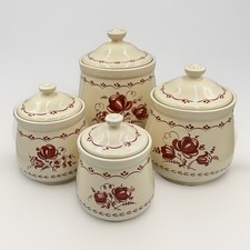 Vintage David Davir 4 Pc Ceramic Canister Set Country Cream Red Floral 1980’s picture