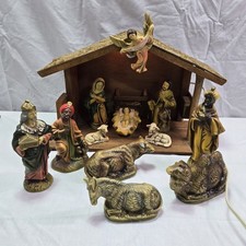 Vtg Japan Paper Mache Christmas Nativity Set Musical Creche Manger Scene 13 Pcs picture