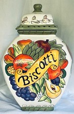 VINTAGE BISCOTTI COOKIE JAR HANDMADE for NONNI'S DECORATIVE FRUIT  12 1/4