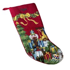 VTG Lands End Needlepoint Christmas Stocking 18 in Nutcracker Santa Wool Velvet picture