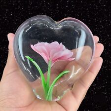 Large Heavy Art Glass Paperweight With Pink Rose Inside Figurine Vintage Glass picture