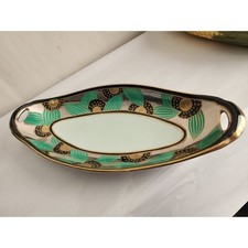 Vintage Noritake Art Deco Celery Dish Hand Painted Green Gold Floral Tray Japan picture