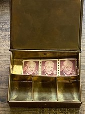 Vintage Antique Brass Stamp Box - Czechoslovakia w/Eisenhower 8 Cent Stamps picture