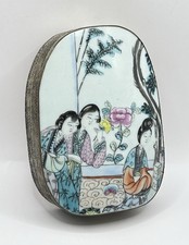 Vtg Chinese Shard Trinket BOX Porcelain Silver Plate Women Peony Trees 4.5 x 6