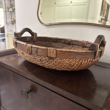 Stunning Large Antique Chinese Willow Reed Rice Gathering Wood Handle Basket picture