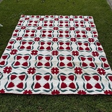 EXCEPTIONAL 1800’s Quilt - Antique - Red & Green Flowers Large 94”x84” picture