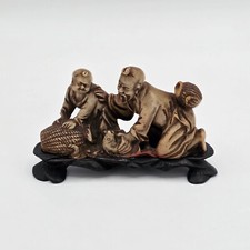 Antique Chinese Carved Soapstone Fisherman Child Figural Group w Stand picture