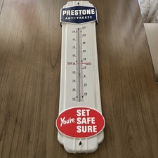 VINTAGE ORIGINAL 1950's PRESTONE ANTI-FREEZE PORCELAIN THERMOMETER SIGN 36 x 9 picture