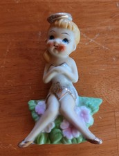 Vtg Fairy Pixie Angel Ceramic Figurine Japan 1950's Gold Halo & Shoes 4