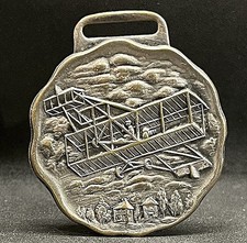 Amazing antique airplane Biplane aviation fob ANTIQUE ORIGINAL medal CIRCA 1910 picture
