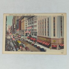 Vintage Linen Postcard Looking Up Busy Fifth Avenue Ney York City Unposted picture