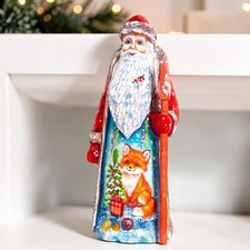 Hand Carved Wooden Russian Santa Figurine Signed 7.5 in, Fox and Christmas Tree picture