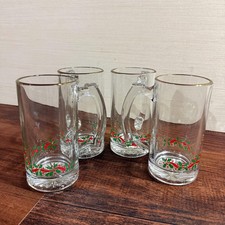 4 VTG Libbey Christmas Glass Mugs Arby's Holly Berry Gold Rim Beer Steins picture