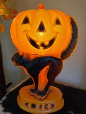 Vintage Working Halloween Light Up Blow Mold Black Cat & JOL Pumpkin Read picture