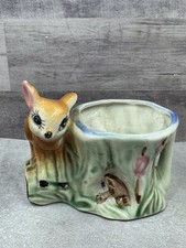 Vintage Nippon Ceramic Brown Spotted Fawn Deer and Frog w/Stump Planter 3.5” picture
