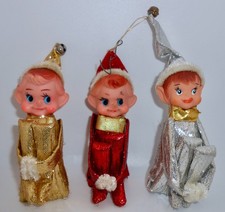 Vintage Elf Pixie Knee Hugger Christmas Ornament Lot Shiny Gold Red Silver H81 picture