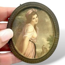 Vintage Oval Miniature PORTRAIT Print Lady Hamilton Ribbon Edge Brass Frame 1900 picture