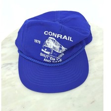 Vintage Conrail Railroad 1976-1998 Shut Em Down and Save Blue Rope Trucker Hat picture