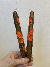 2 Vintage MCM Taper Candles Brown With Orange Flowers Maximalist Design 8” Tall picture