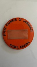 Vintage Bisbee Chamber of Commerce Name Tag Pinback Button – Orange Celluloid ID picture